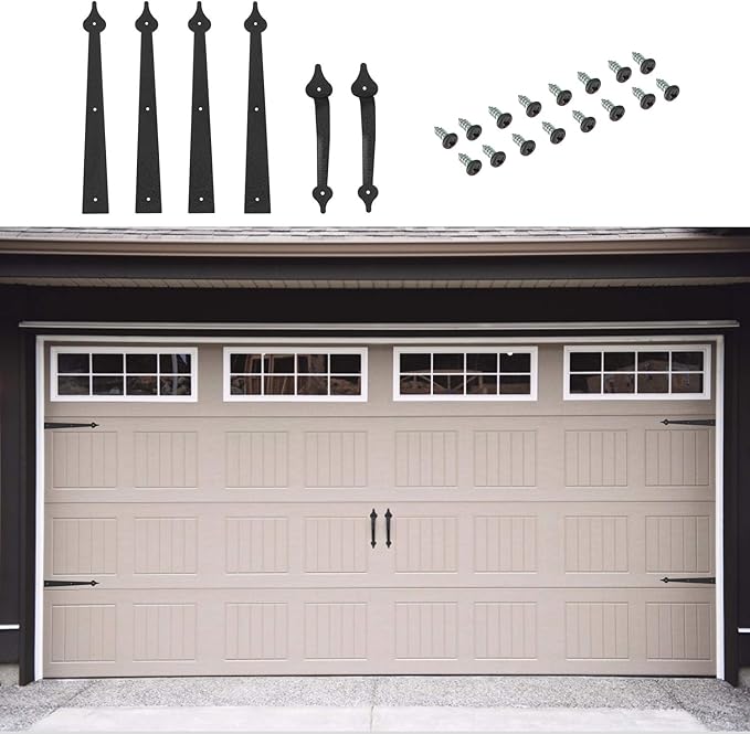 Homode Decorative Garage Door Hinges Handles, Faux Garage Door Accents, Metal Handles Hinges Hardware Kit, Screw Mounted, Black, Spear Style (4 Hinges+2 Handles)