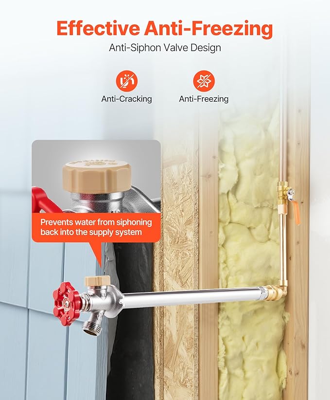 VEVOR Anti-Siphon Frost-Proof Sillcock, 12" Freeze Proof Outdoor Faucet Bib with Backflow Preventer, 1/2" Push-to-Fit Connector X 3/4" Hose Bibb, No Lead Frost-Free Spigot for PEX Copper CPVC Pipes