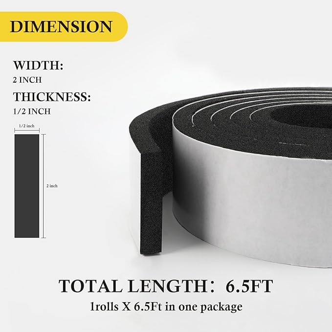 fowong Open Cell Foam Tape- 1 Roll, 2" W X 1/2" T X 6.5' L Weather Stripping Door Insulation Air Conditioner Seal Shock-Absorbing, Total 6.5 Feet