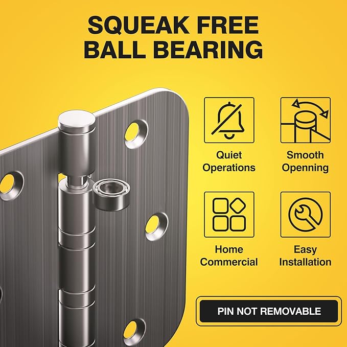 KOLET Ball Bearing Door Hinges, 3.5 x 3.5 Inches Door Hinges, 5/8'' Radius Corner Heavy Duty Stainless Steel Hinges, Smooth and Quiet, Non Removable Pin, Platinum Grey, 3 Pack