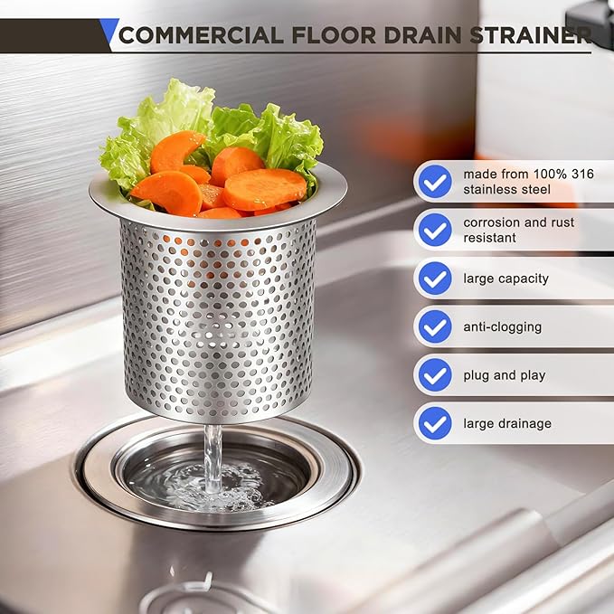 4" Diameter Commercial Floor Drain Strainer 4" Tall Perforated Cylindrical Mesh 316 Stainless Steel Drain Basket with Carry Handle –Heavy-Duty, for Restaurants, Kitchens, Factories