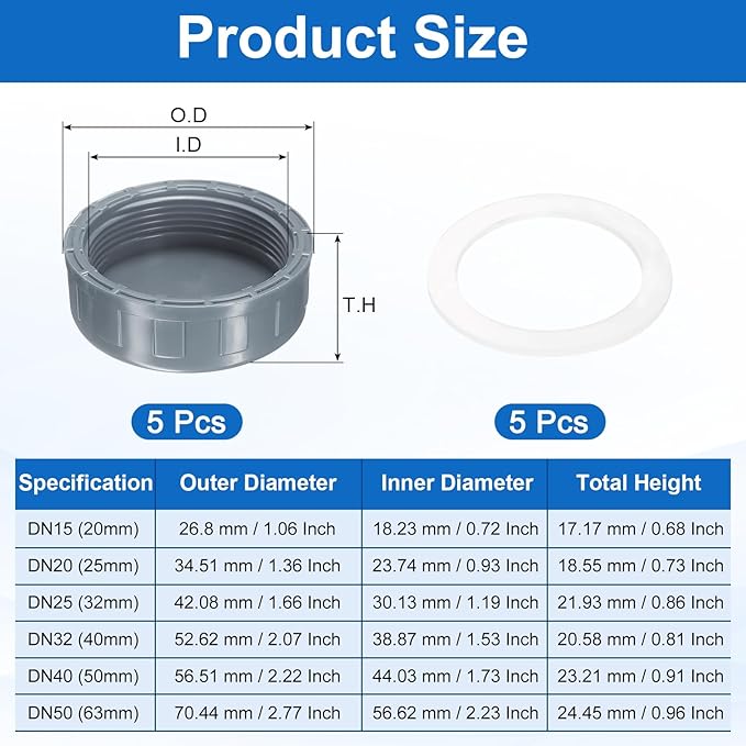 uxcell 5Pcs 2 Inch PT Female Thread PVC Pipe Fitting Cap, Cleanout Water Drain End Caps, Pipe Plug Socket Fittings with Gasket for Water Heater Supply Lines, Plumbing, Gray