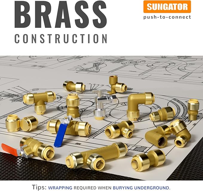 SUNGATOR 1-Inch Push Fit PEX Elbow, 90-Degree Plumbing Fitting Pipe Connector with Disconnect Clip, Push-to-Connect, Copper, PEX, CPVC, No Lead Brass Fittings (2-Pack)