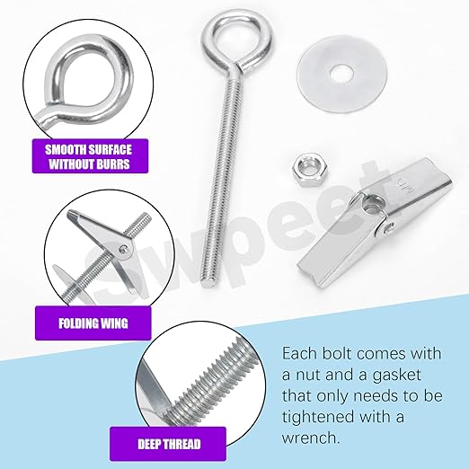 Swpeet 15 Set M6×70mm Eye Bolt Toggle Bolts and Wing Nut Kit with Hex Nuts, Washers Assortment Kit, Heavy Duty Butterfly Toggle Anchors Swag Hooks for Hanging Heavy Items on Drywall