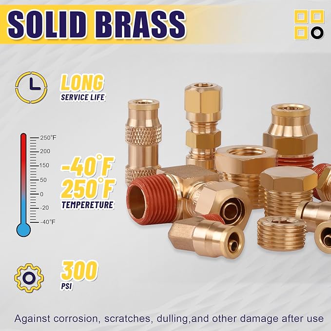 150Pcs Brass DOT Push-To-Connect Fittings & Compression Air Nylon Tubing Fittings Assortment Kits,1/4" 1/8" 3/8" 1/2" Air Brake Line Air Hose Fittings for Truck or Industrial Air System
