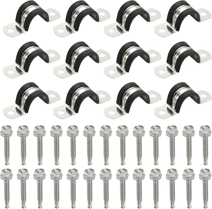 PATIKIL 12Pcs Pipe Clamps, 11/16 Inch 304 Stainless Steel Rubber Cushioned U Bracket Conduit Clamps Pipe Strap Wire Clips with Hexagonal Screw for Tube Hose Cord Installation, 18mm