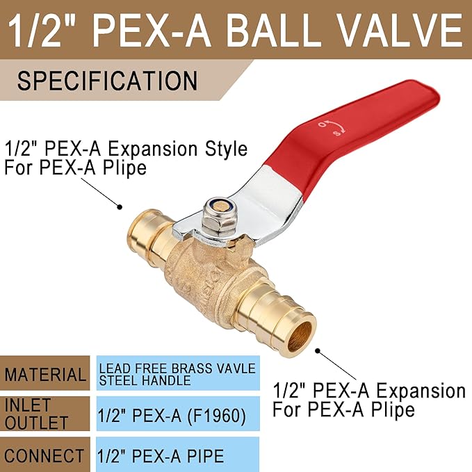[10 Pieces] Lingmfg 1/2" PEX-A Expansion Ball Valve Shut Off Valve LING-BV1-1/2F1960-10