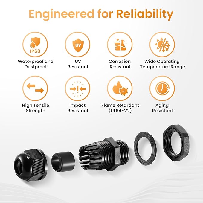 QILIPSU 50pcs 3/8" NPT Cable Gland Waterproof IP68 Nylon Cable Pass Through Cord Grip Connector Strain Relief Wire Grommet