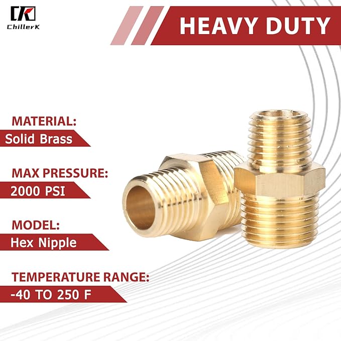 Hex Couplings, 1/4" x 1/2" NPT Male To Male Brass Hex Nipple Adapters, Brass Pipe Extension Fittings for Oil/Air/Water/Gas Systems. (2 Pack)