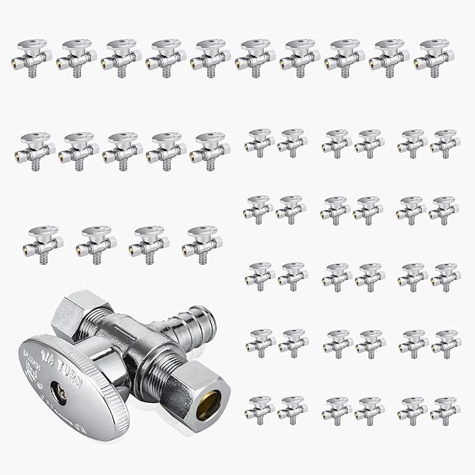 50-Pack GUOFIS PEX Angle Stop Valve with Dual Compression Outlet,1/2" PEX Crimp Inlet x (3/8" x 3/8") Outlet Shut-off Valves(1/4 Turn,Chrome)(VALVE125-50Pack)
