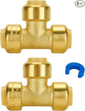 SUNGATOR 1/2 Inch Tee, Push Pex Fittings 1/2 Inch, 1/2" T Fittings, No Lead Brass Push-to-Connect Plumbing Tee Connector for PEX Pipe, Copper, CPVC, with 1 Disconnect Clip, Pack of 2