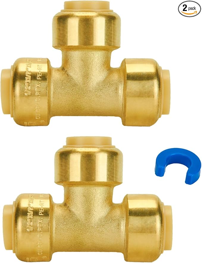 SUNGATOR 1/2 Inch Tee, Push Pex Fittings 1/2 Inch, 1/2" T Fittings, No Lead Brass Push-to-Connect Plumbing Tee Connector for PEX Pipe, Copper, CPVC, with 1 Disconnect Clip, Pack of 2