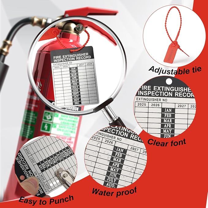 50 Sets 2025–2028 Fire Extinguisher Tags Aluminum Metal Inspection Record Tags 2.2 x 3 Inch with Hole Puncher & Numbered Security Zip Ties for Monthly Fire Extinguisher Inspection Indoor Outdoor