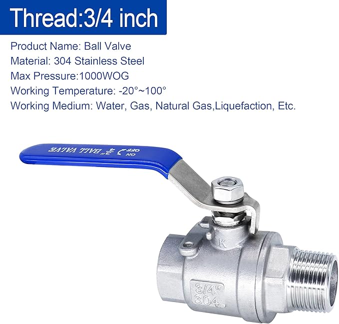 Ball Valve 3/4",3/4" Stainless Steel 304 NPT Water Valve, 3/4 inch Shut Off Valves for Oil and Gas with Blue Locking Handles 1000 WOG (3/4 inch, 1 pack)