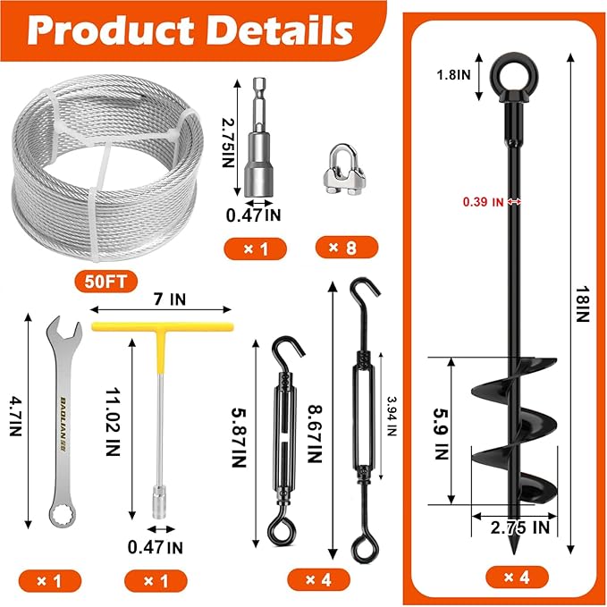 4 Pack 18" Fully Welded Ground Anchors Shed Anchor Kit with 1/8" Galvanized Cable, Heavy Duty Earth Anchors High Wind Screw in for Trampoline Swingset Tent Greenhouses (Black)