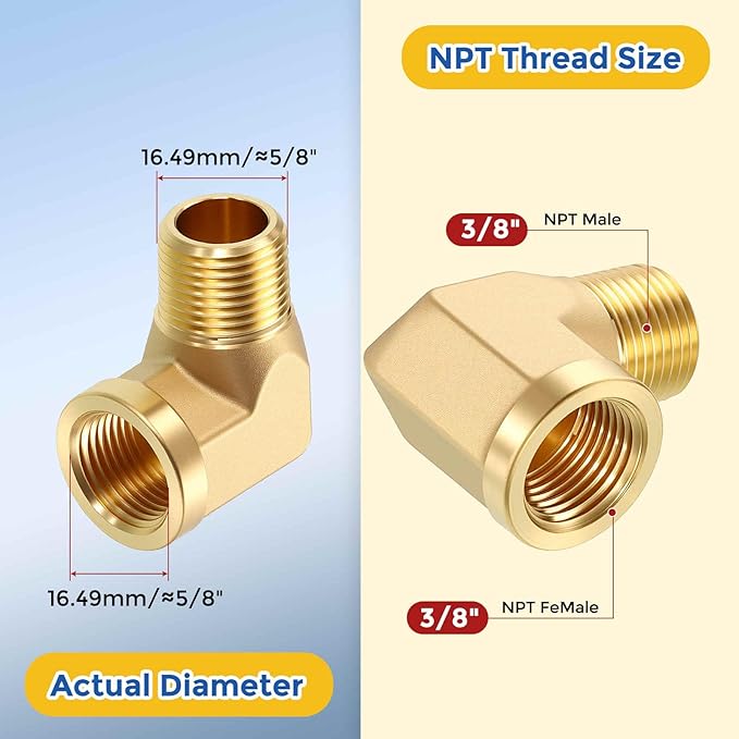 2 Pack Brass Pipe Fittings, 90 Degree 3/8" NPT FeMale to 3/8" NPT Male Barstock Street Elbow, Forged Pipe Fitting Connector for Air, Oil, LP