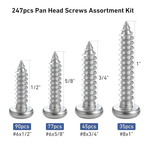 247Pcs Pan Head Wood Screws Assortment Kit, #6#8 Stainless Steel 304 Self Tapping Screws Set, Phillips Drive, Sheet Metal Screws