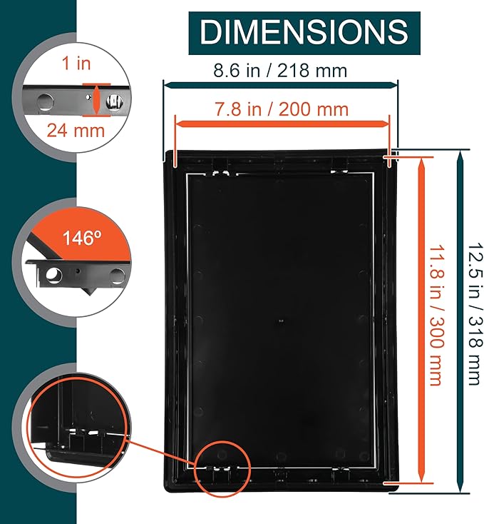 8" x 12" Black Plastic Access Panel. Service Shaft Door Panel. Plumbing, Electricity, Heating, Alarm Wall Access Panel for Drywall. Bathroom Services Access Hole Cover.