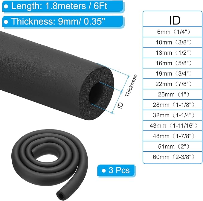 PATIKIL 3/4"(19mm) ID x 6Ft Pipe Insulation Foam Tube, 3Pcs Pipe Cover Wrap Roll Bar Padding Tubing for Handle Grip HVAC Outdoor Air Conditioner Units
