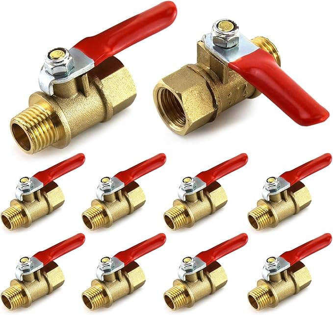 QWORK Ball Valve 10 Pack, 1/4" Heavy Duty Brass Ball Valve Shut Off Switch, 1/4" Male x Female NPT Thread Pipe Fitting Air Compressor Shut Off Valve
