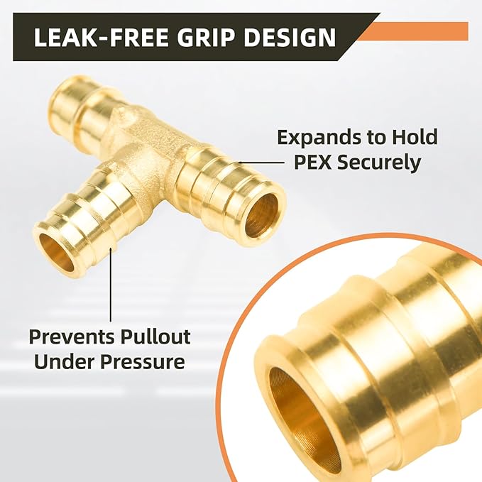 10-Pack YVSKM 1/2" PEX-A Tee Expansion Fitting, Lead-Free Brass Full Flow Connector, ASTM F1960 & cUPC Certified for Residential Hot & Cold Water and Radiant Heating Systems