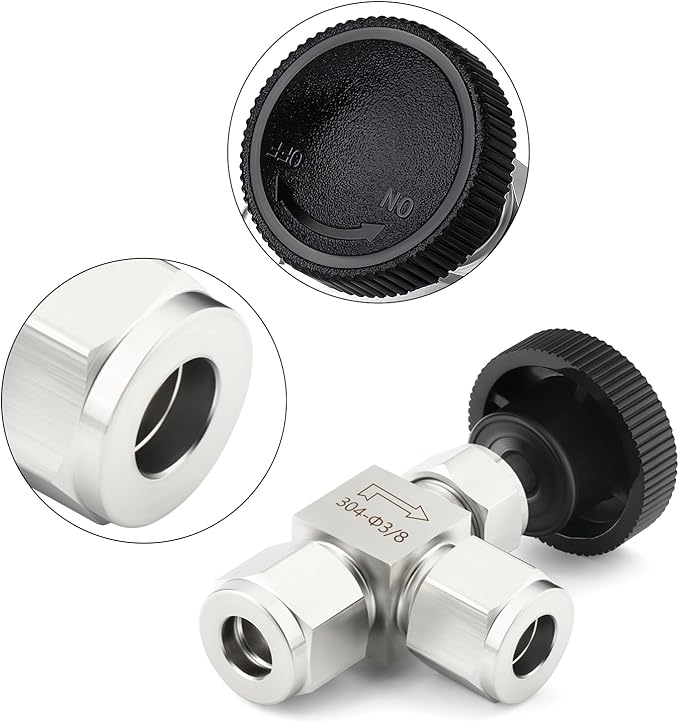 TAISHER 1PCS 304 Stainless Steel Compression Tube Square 90 Degree Needle Valve 3/8"" Tube OD x 3/8"" Tube OD For Flow Control Water Gas Oil, Silver