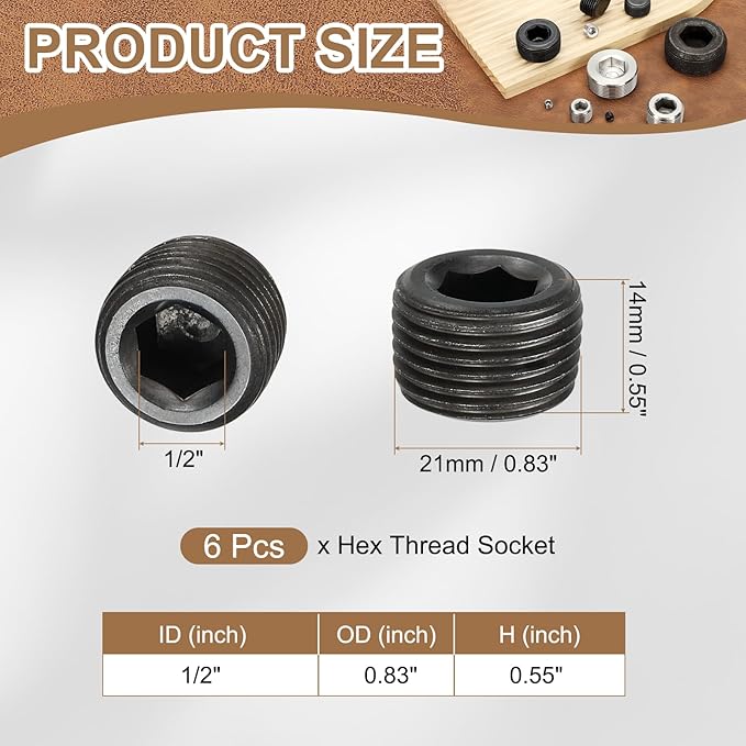 Pipe Plug Carbon Steel Internal Hex Thread Socket Pipe Plug Fitting - Fitting for (Sealing Port - Air Tanks - Water Outlets) 1/2 Inch NPT Male & 6 Pack
