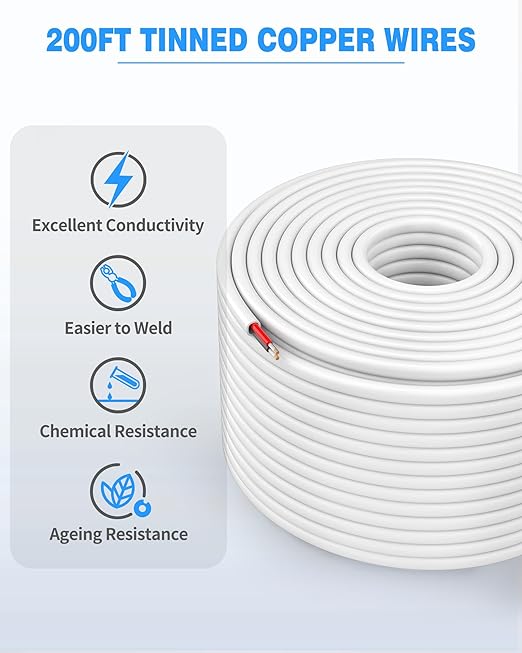 NAOVEO 16 Gauge Wire 2 Conductor Electrical Wire, 16 AWG Stranded PVC Tinned Copper Cable, Flexible/Low Voltage Automotive Wiring for LED Lamps, Marine, Speaker, Appliances (200FT)