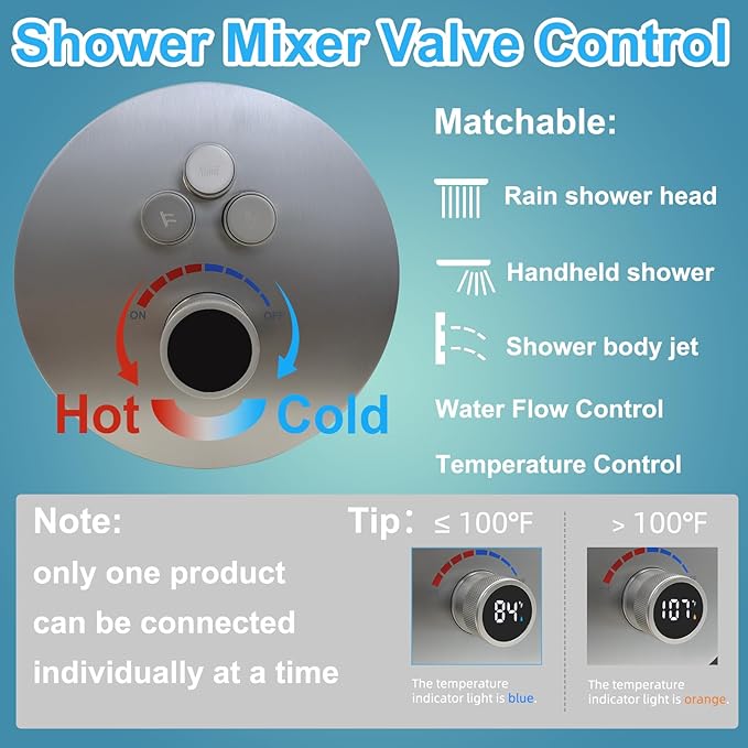 Round Digital Display Shower Valve 3 Way Shower Mixing Valve Concealed Installation Can Use All the Time Brushed Nickel