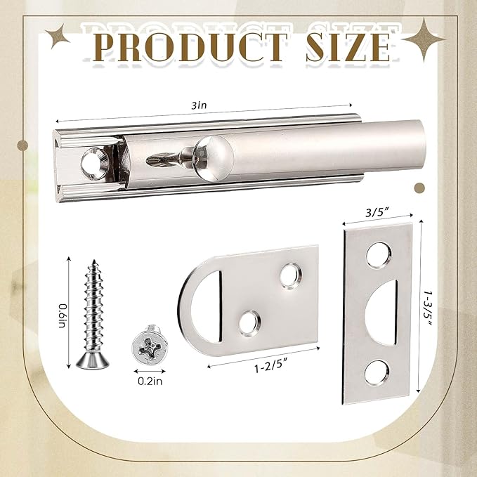 Lothee 4 Pcs Solid Brass Surface Bolt Door Slide Bolt Door Latches for Top of Slide Latch Lock(3",Silver)