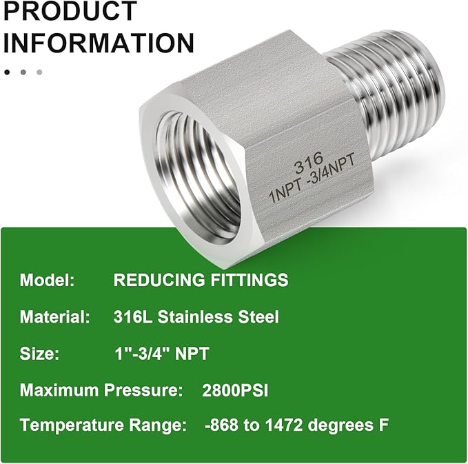 TAISHER 2PCS Forging of 316L Stainless Steel Pipe Fitting, Reducer Adapter, 3/4" NPT Male x 1" NPT Female, Reducing Pipe Adapter Fitting