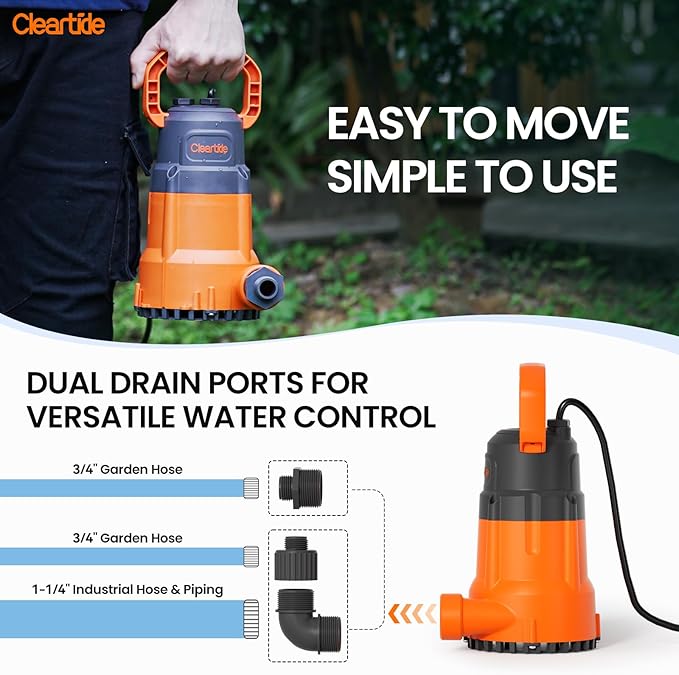 Cleartide Submersible Sump Pump, 1/2 HP Utility Water Pump for Pool Draining, Hot Tub, Basement, Electric Drain Pump Handles 3/8" Solids, 10 FT Cord