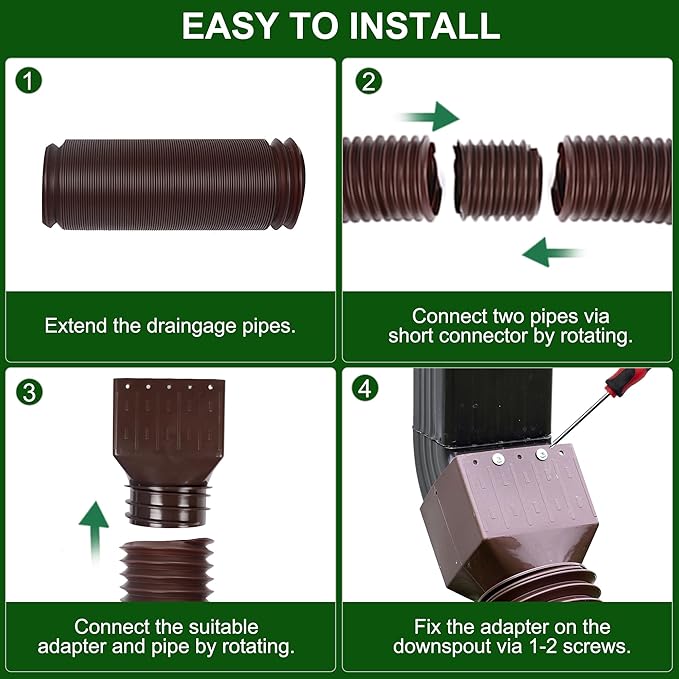 2 Pack Rain Gutter Downspout Extensions, Upgraded Flexible Drain Down Spout Extender for Rain Water Drainage, Each Extendable from 20" to 66", Combine to 10 ft with Connector(Brown)