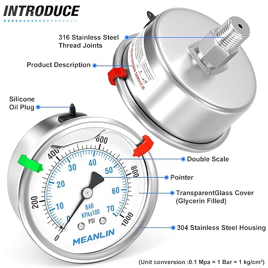 MEANLIN MEASURE 0~1000Psi Stainless Steel Liquid Filled Pressure Gauge 2.5" FACE DIAL 1/4" NPT for WOG Water Oil Air Back Mount with Stainless Steel Hex Bushing and Snaps