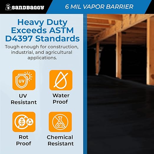 Sandbaggy 20 ft x 100 ft Vapor Barrier 6 Mil | Polyethylene | Black Plastic Sheeting Rolls | Moisture Barrier for Crawl Spaces, Concrete and Laminate Underlayment, Walls (8 Rolls)