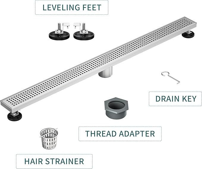 Linear Shower Drain 36", 304 Stainless Steel Floor Drain with Grid Drain Cover & Hair Strainer, Rectangular Shower Drain w/CUPC Certified, Brushed