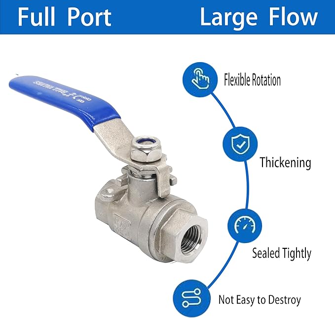 Full Port Ball Valve 1/4" NPT Heavy Duty Stainless Steel 304 For Water,Oil and Gas with Blue Handles（1000WOG）