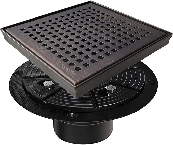 Neodrain 6 in Square Shower Drain, Oil Rubbed Bronze, Removable Quadrato Pattern Grate, with PVC Shower Drain Base and Rubber Gasket, Square Drainage. CUPC Certified, Includes Hair Strainer, ORB