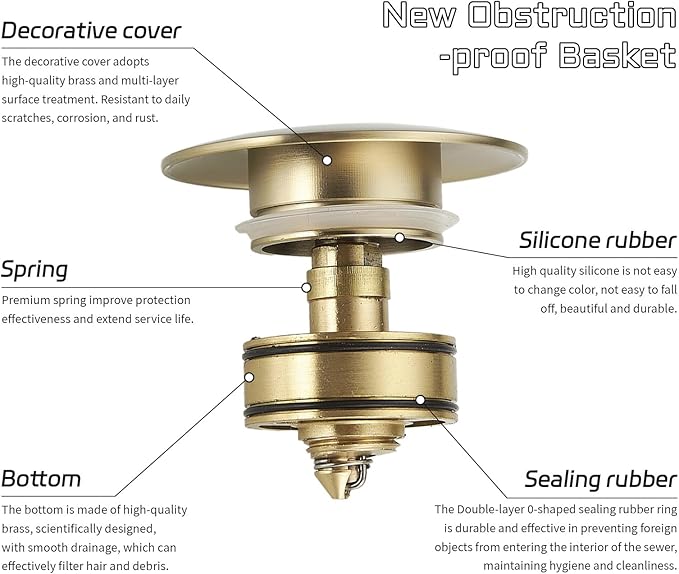 BWE Brushed Gold Bathroom Vessel Sink Drain Stopper with Overflow One Piece Pop Up Drain Assembly with Strainer for Bathroom Faucet Sink