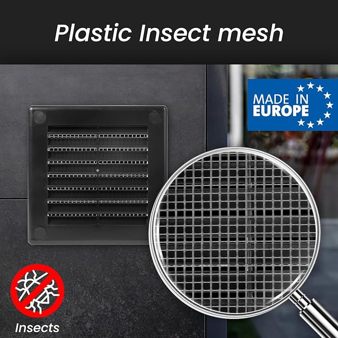Repa Market 8 x 8 Inch (Outer) Black Square Air Vent Cover - Plastic Fresh Air Intake Vent - AC Cover with Nylon Mesh Screen, Wall, Ceiling HVAC Return Air Register, Modern Soffit Vents