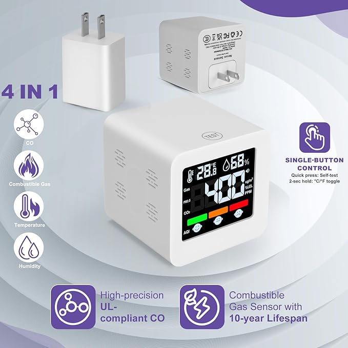Plug-in 4-in-1 Gas & CO Detector with Temp/Humidity - Natural Gas, Propane & Methane Detector for Home, RV & Apartments (1, White-Voice Edition)
