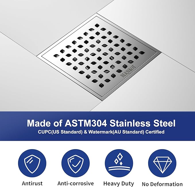 Square Shower Drain, 6" Brushed with PVC Bonding Flange Base 304 Stainless Steel Drain Grate Removable with Stainless Drain Key for Low Profile Shower Tiles, CUPC Certified