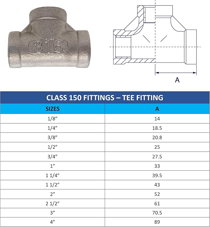 AF Hydro Stainless Steel SS316 Equal Tee Pipe Fitting, 2 1/2''NPT Female Thread, Pressure Rating up to 150 PSI, Class 150 Connector Adapter