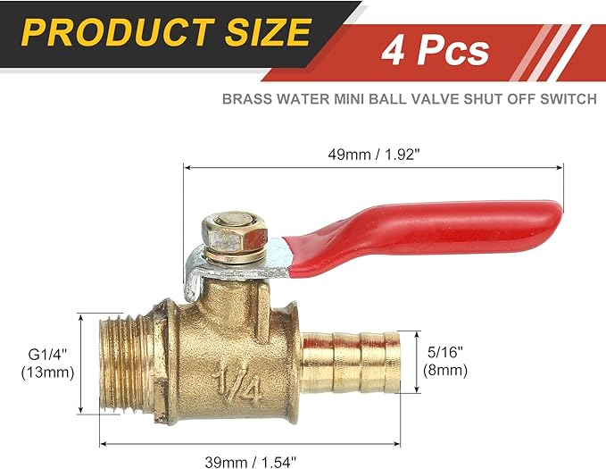 uxcell 4Pcs Brass Water Mini Ball Valve Shut Off Switch, G1/4" Male x 5/16" Hose Barb, 180 Degree Operation Handle, Brass Valve