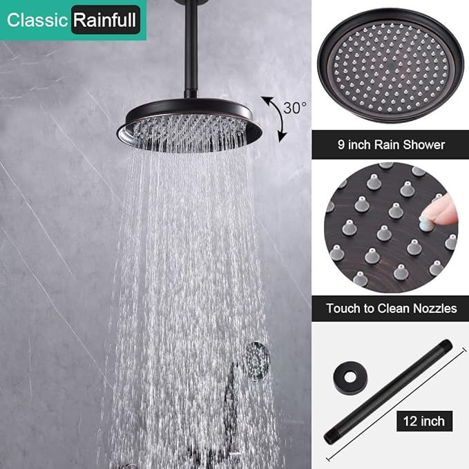Antique Shower Faucet-Sets Fixtures: 9 inch Ceiling Rain Head with Handheld Spray and Body Jets, 3 Way Diverter Rough in Valve System included Trim Kit, Oil Rubbed Bronze