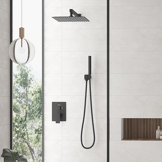 Hoimpro 12 Inch Shower Head System Set Bathroom Rain Mixer Shower Head 2 In 1 Handheld Sprayer Wall Mounted, Square Rainfall Shower Faucet Fixture Combo Valve Kits Brass Showerhead, Matte Black