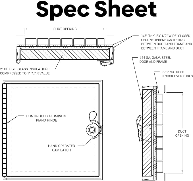 Best 6” x 6” Hinged Duct Access Panel with Neoprene Gasketing, 24-Gauge Galvanized Steel Access Door for Sheet Metal Duct, Fiberglass Insulated Double Panel, Notched Knock Over Tabs, BA-HD-5070