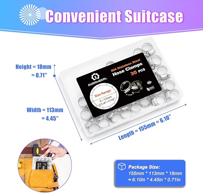 Hose Clamp- Duramedal 30 PCS Stainless Steel Hose Clamps Assortment Kit 1/4''–7/16'' stainless steel hose clamps for Fuel Line, Plumbing, Automotive, Mechanical Applications, Tube, Garden