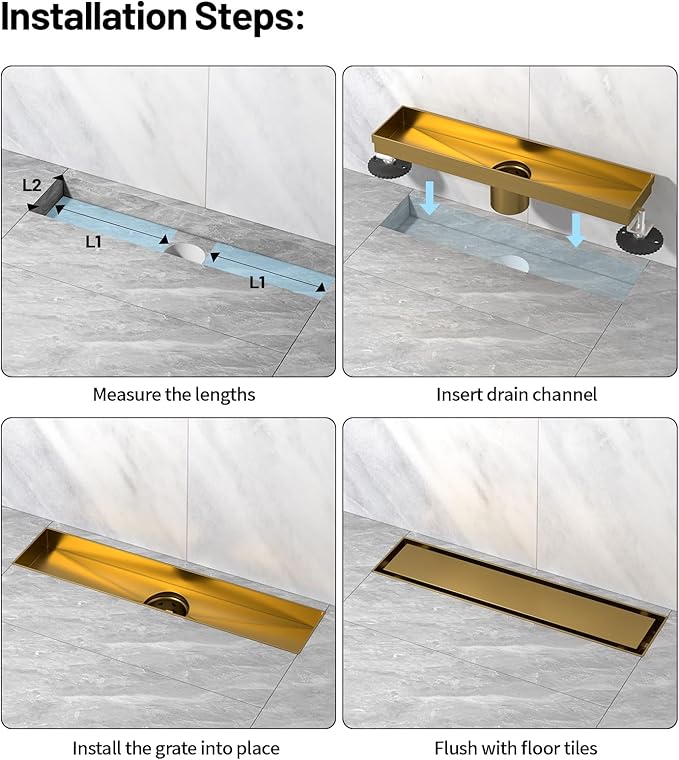 Linear Shower Drain, 304 Stainless Steel with Adjustable Leveling Feet, Hair Strainer,Reversely Install Place to Create an Invisible Floor Drain - Gold -24-Inch