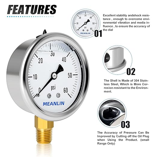 MEANLIN MEASURE 0~60Psi Stainless Steel 1/4" NPT 2.5" Single Scale FACE DIAL, Glycerin Filled Pressure Gauge, Pool Sand Filter, Lower Mount, with 1/2" NPT and 3/8" NPT Hex Bushing
